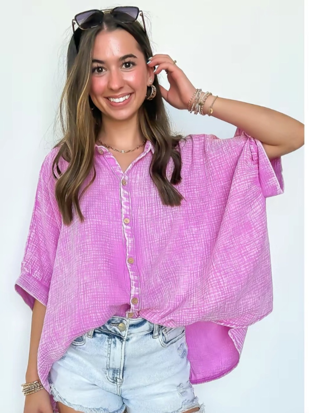 Mauve mineral wash oversized gauze button up top size s/m